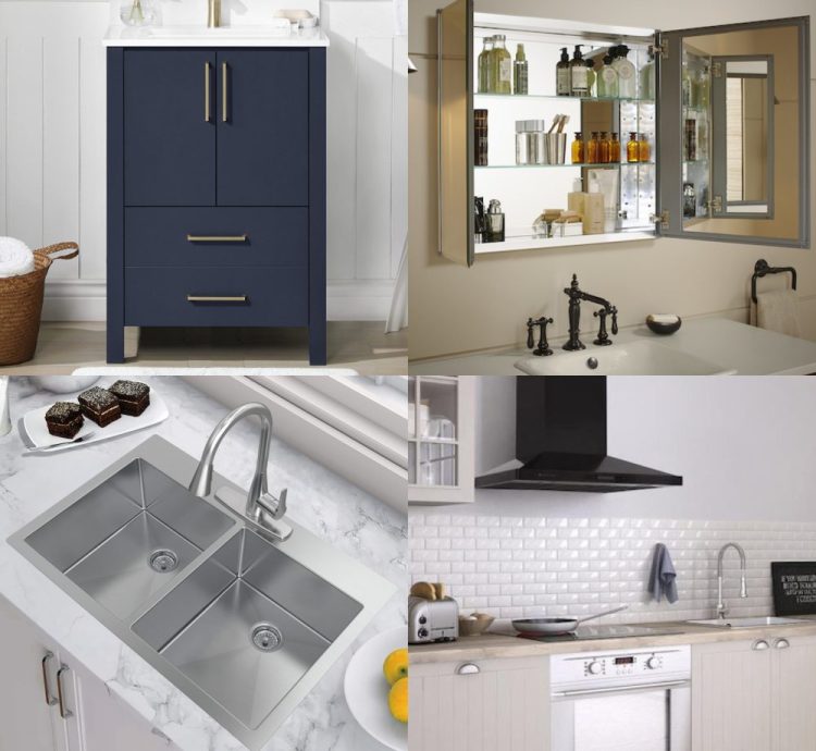 navy vanity-medicine cabinet-kitchen stainless steel sink-overhead range hood